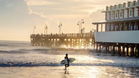 冲浪爱好者在代托纳比奇码头附近的水域中享受水上乐趣 冲浪爱好者在代托纳比奇码头附近的水域中享受水上乐趣