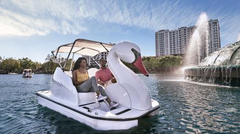 在佛罗里达州奥兰多市中心的伊奥拉湖上乘坐天鹅船 在佛罗里达州奥兰多市中心的伊奥拉湖上乘坐天鹅船